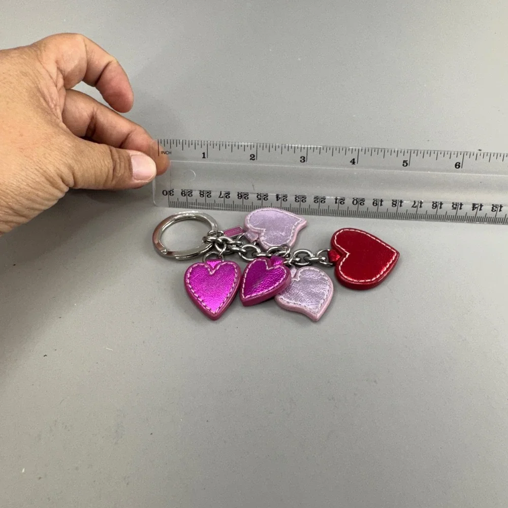 Coach Heart Multi Charm Keychain OS Pink Metallic Leather Key FOB Bag Charm